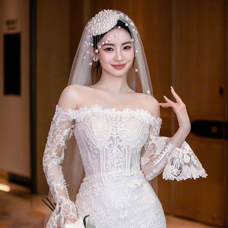 Mũ Ngọc Trai Tua Rua Đính Kèm Voan 1 Lớp 1m x 1m35 - Hình ảnh 4