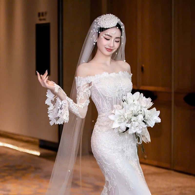 Mũ Ngọc Trai Tua Rua Đính Kèm Voan 1 Lớp 1m x 1m35 - Hình ảnh 7