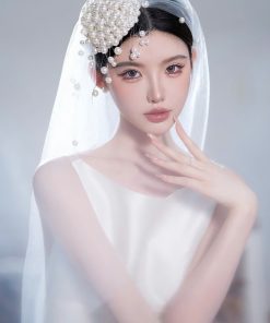 Mũ Ngọc Trai Tua Rua Đính Kèm Voan 1 Lớp 1m x 1m35