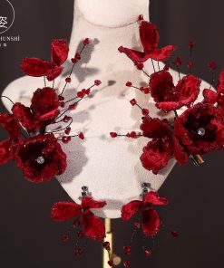 Set 2 Món Kẹp Hoa Nhung Đỏ Viền Đá Phale Kèm Bông Tai